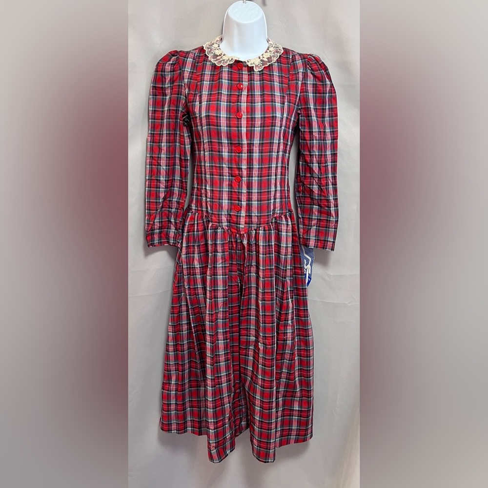 Vintage Snippy Of California Girls Dress Red Plaid Lace‎ Collar Christmas 7/10